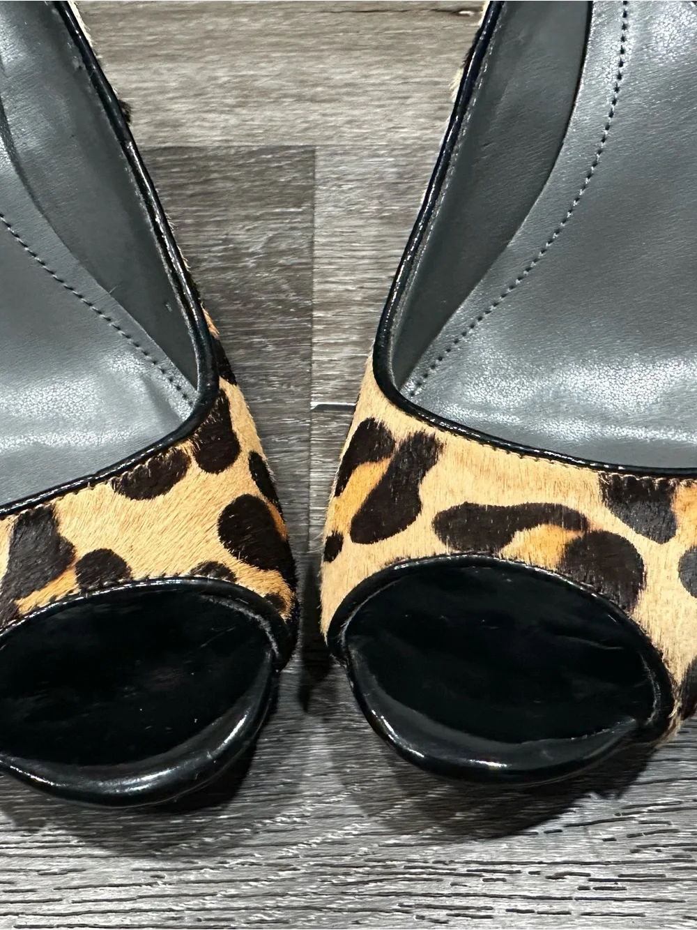 Calvin Klein Leopard Print Wedge Pumps - Black & Tan Size 6.5 real calfskin